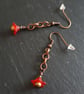 Red Flower Chain Earrings - Copper Tone Long Dangle Earrings