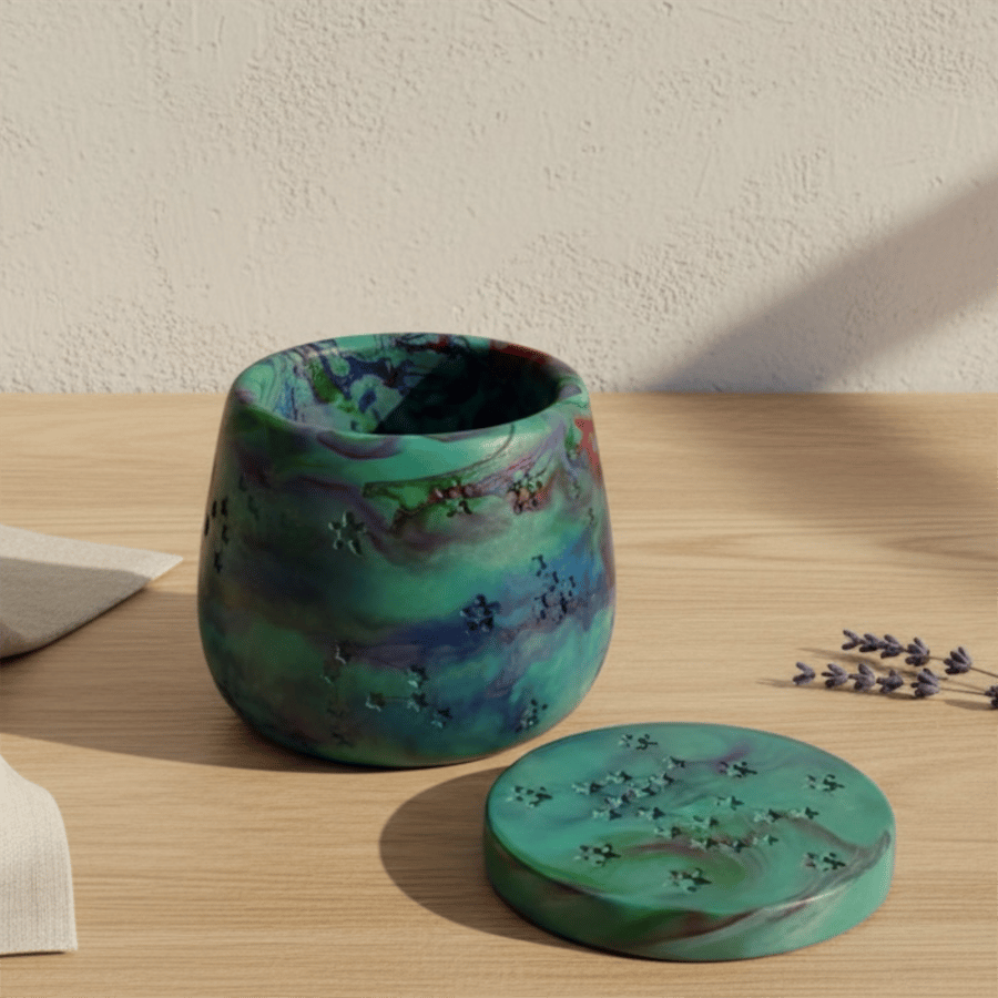 Aurora Borealis Jewellery Box Green and Blue Marbled Handmade Trinket Pot