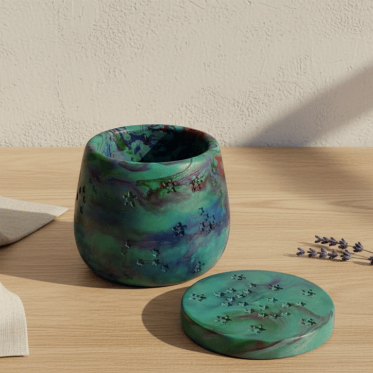 Aurora Borealis Jewellery Box Green and Blue Marbled Handmade Trinket Pot