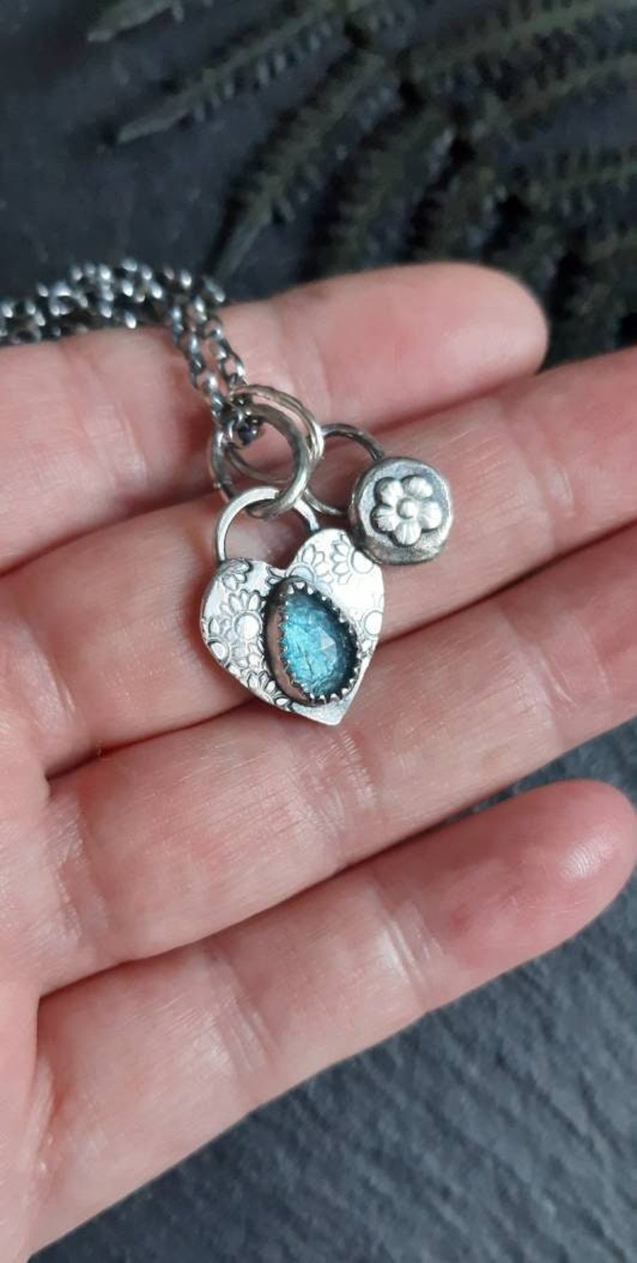 Kyanite necklace, heart pendant, silver heart necklace, kyanite jewellery, flowe