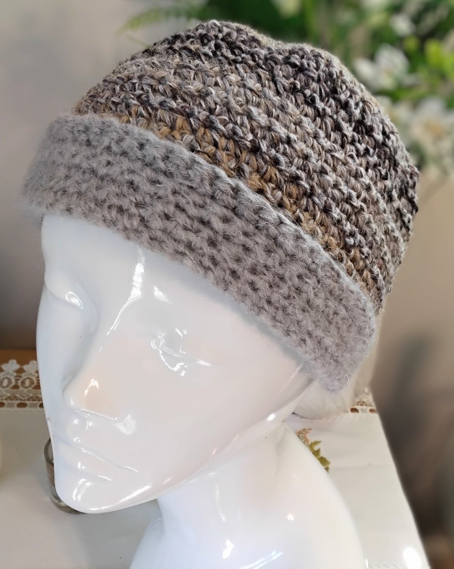 Wool and Mohair Crochet Winter Beanie in Warm Grey