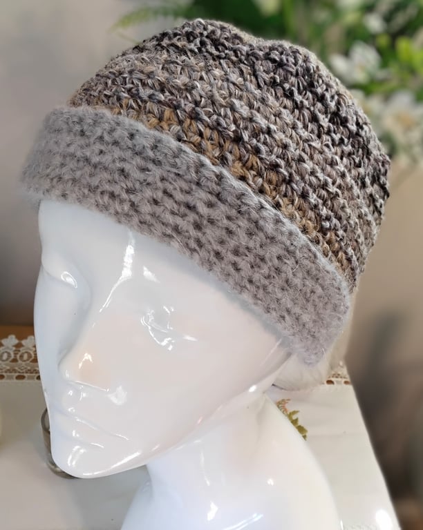 Wool and Mohair Crochet Winter Beanie in Warm Grey