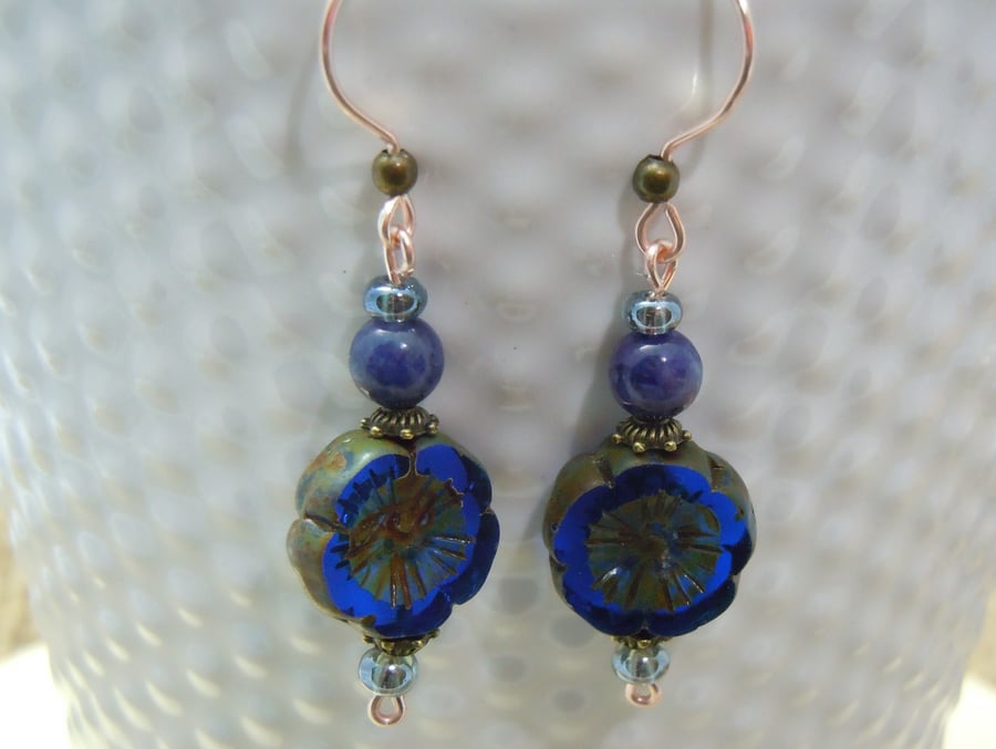 Czech glass flower & semi-precious Lapis Lazuli Earrings