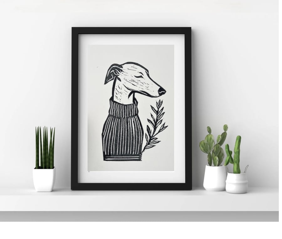 Freshly printed Greyhound linocut print A5