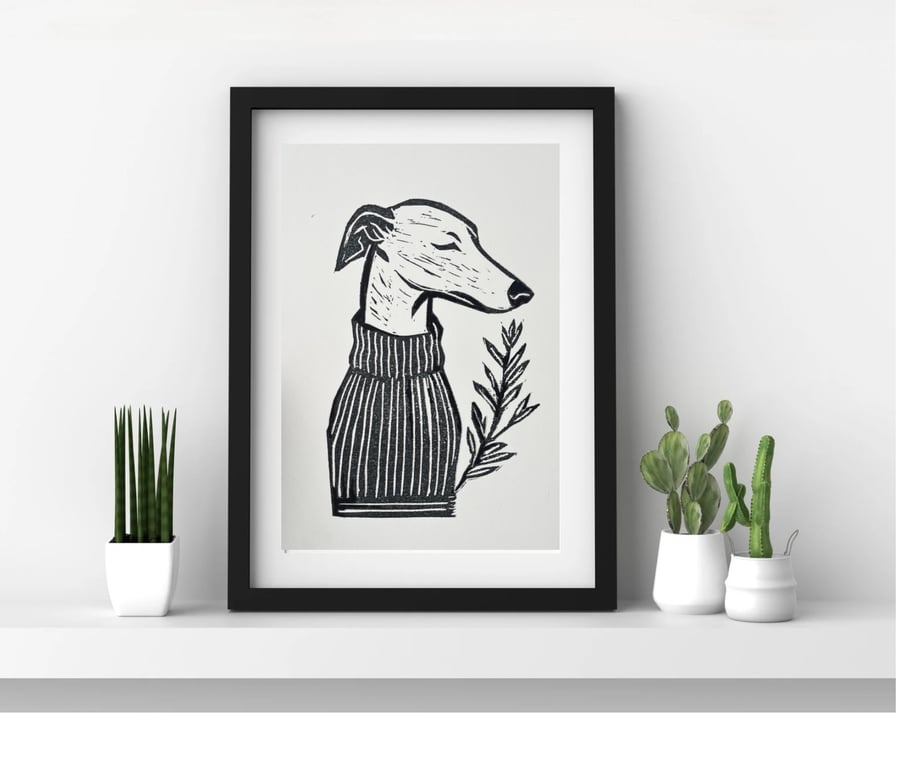 Freshly printed Greyhound linocut print A5