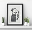 Freshly printed Greyhound linocut print A5