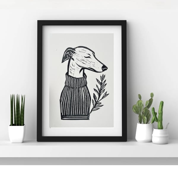 Freshly printed Greyhound linocut print A5