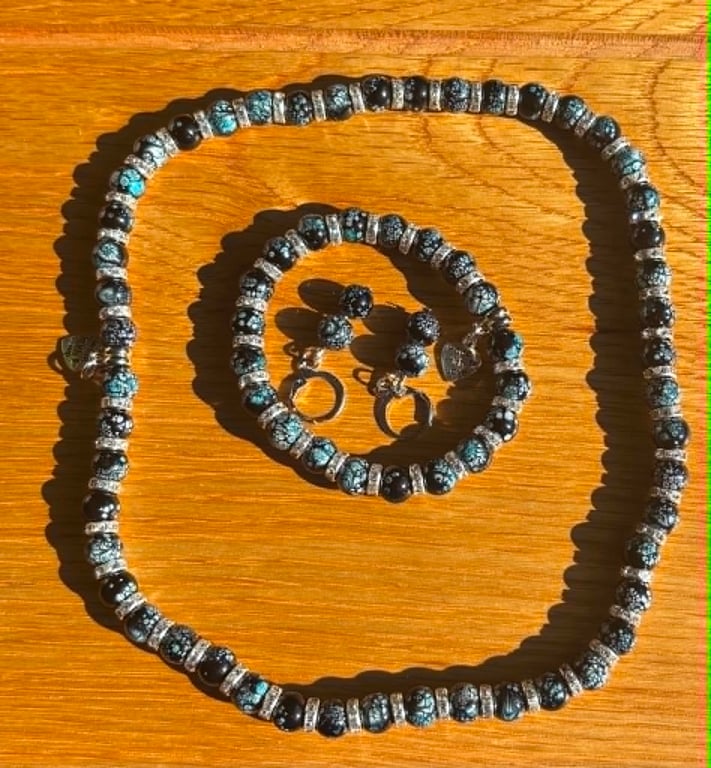Handmade Matching Necklace, Bracelet & Earrings Set with Silver-Tone Accents