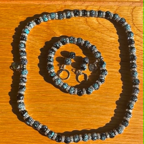 Handmade Matching Necklace, Bracelet & Earrings Set with Silver-Tone Accents