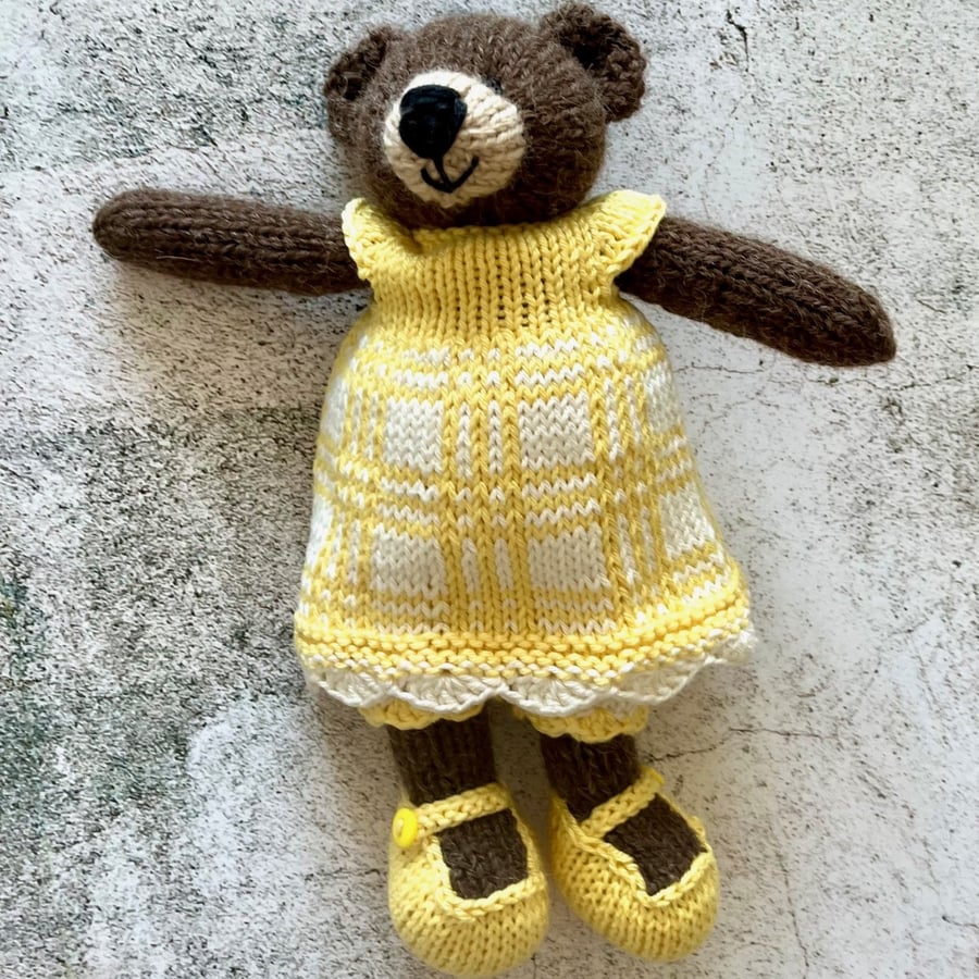 Hand Knitted Brown Bear in a Yellow and White Dress, 9” high