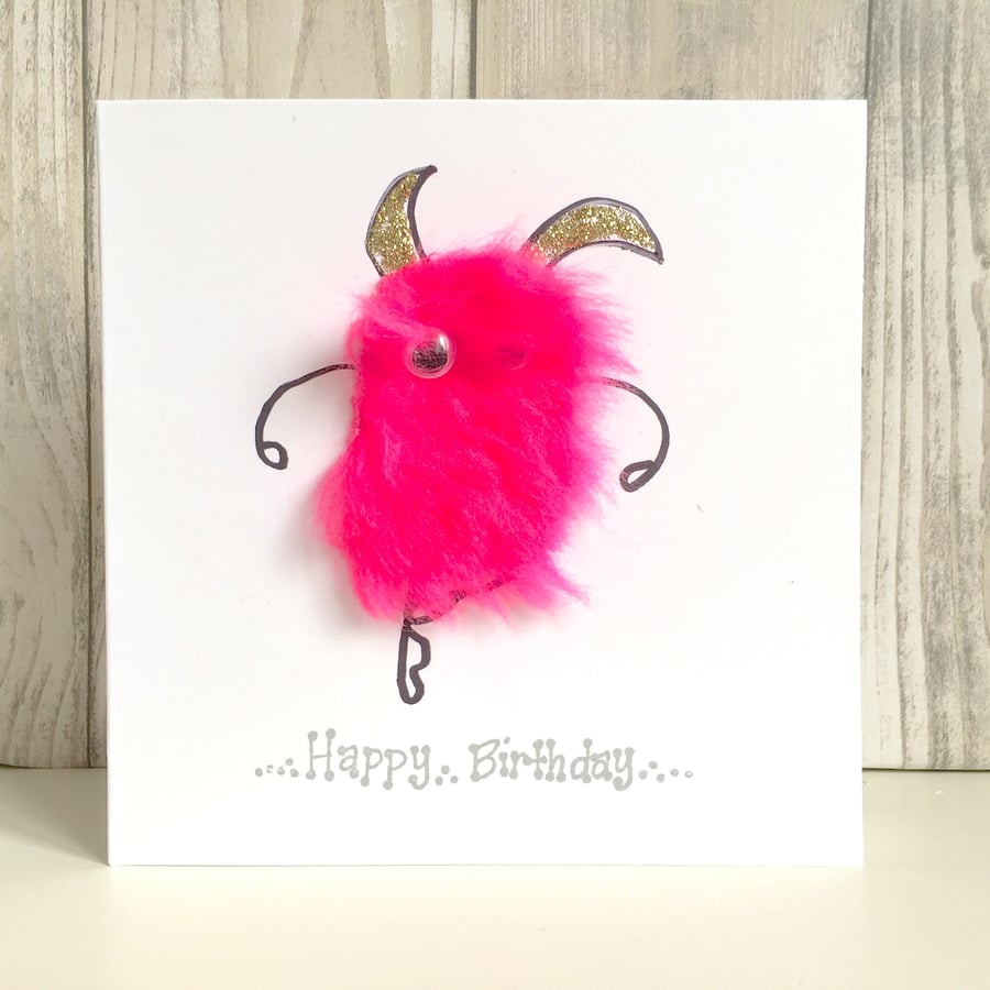 Hot pink ballerina Birthday card - fun fluffy mini monster dancer dancing ballet