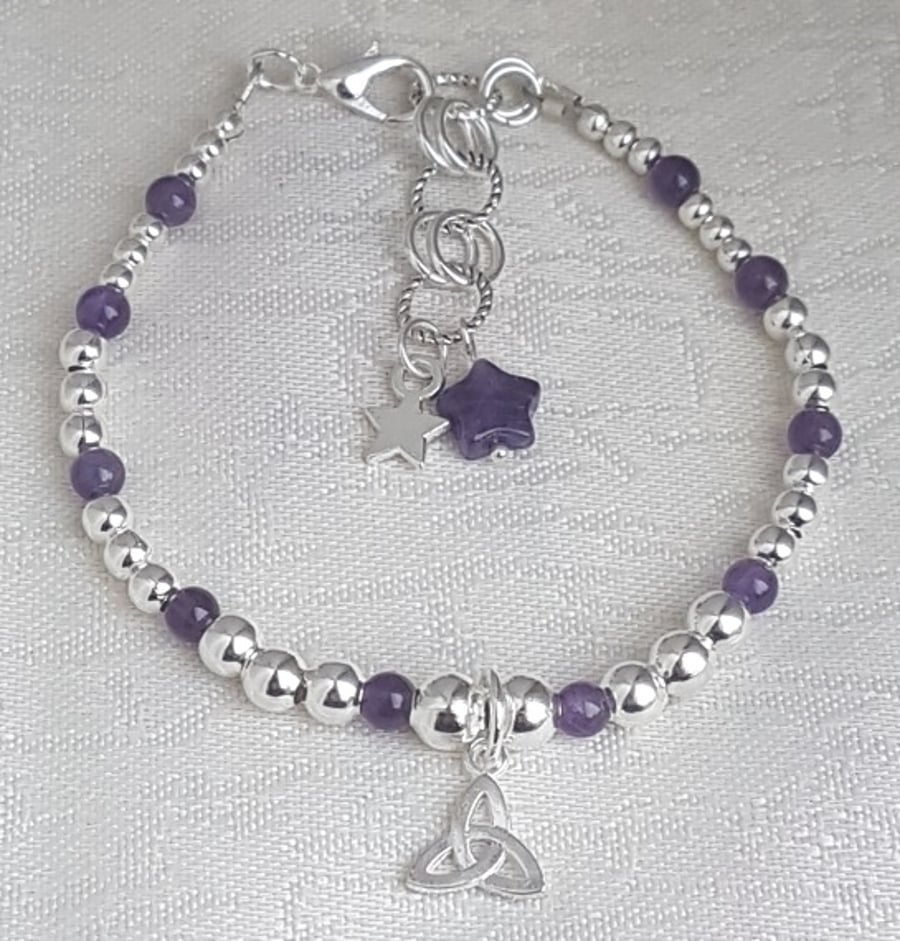 Gorgeous Silver and Amethyst bead Bracelet with Triquetra charm