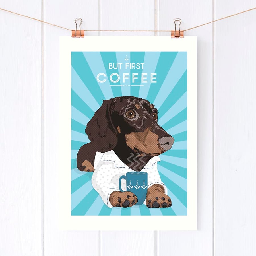 Dachshund but first coffee wall art print, personalised doxie art gift, tea gift