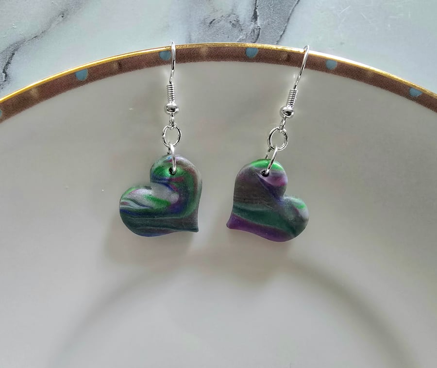 Polymer clay heart dangle earrings on silver plated earhooks