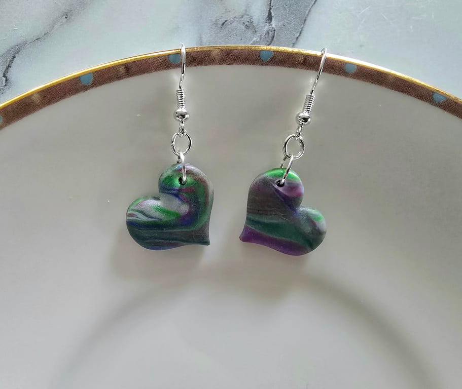 Polymer clay heart dangle earrings on silver plated earhooks