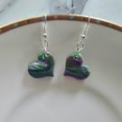 Polymer clay heart dangle earrings on silver plated earhooks
