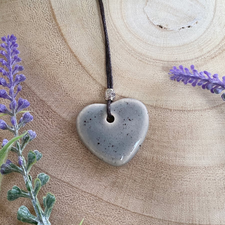 Ceramic Speckled Grey Heart Pendant Necklace