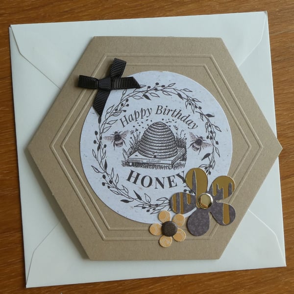 Hexagonal Bee Birthday Card - Happy Birthday Honey