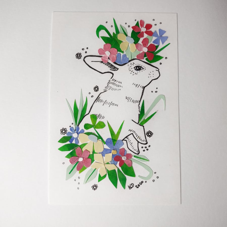 Handmade Rabbit Mixed Media Art - Ink and Collage Animal Art