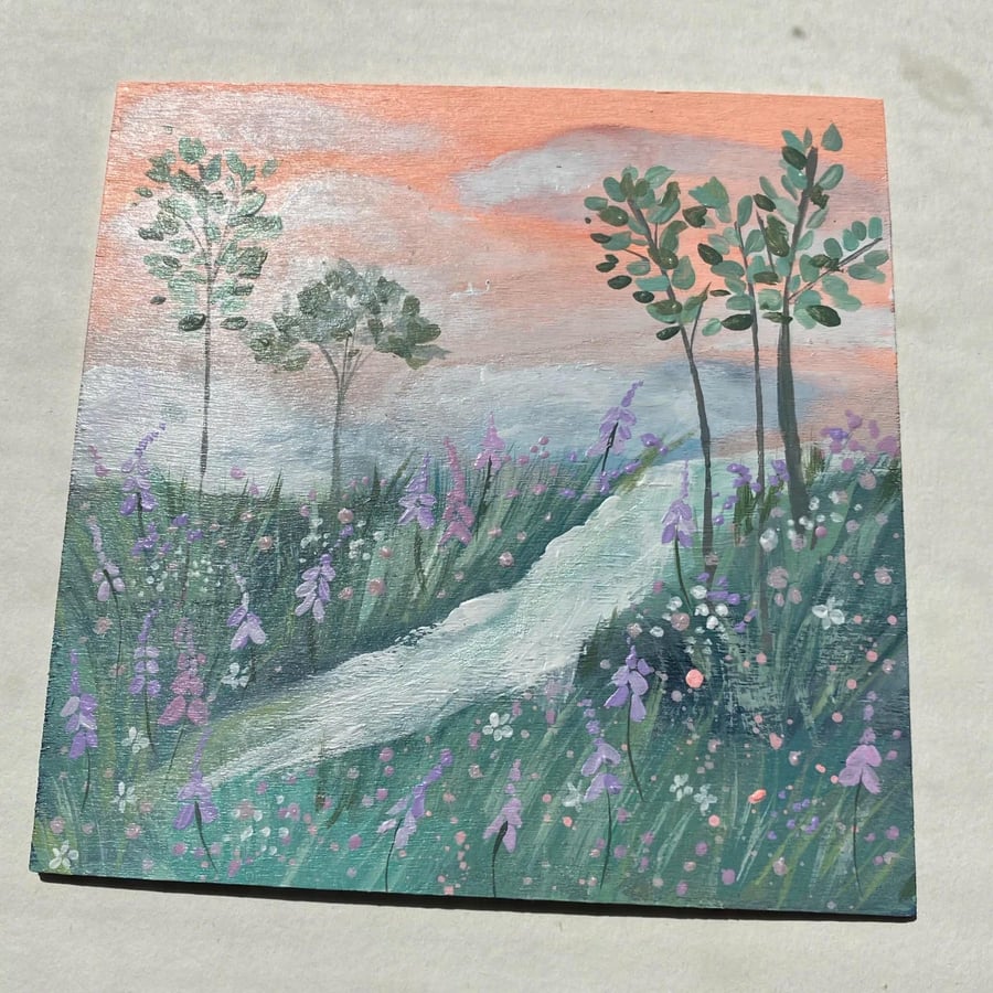 Floral landscape hand painted wooden panel - Original art - home decor - floral