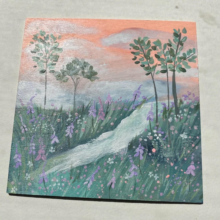 Floral landscape hand painted wooden panel - Original art - home decor - floral