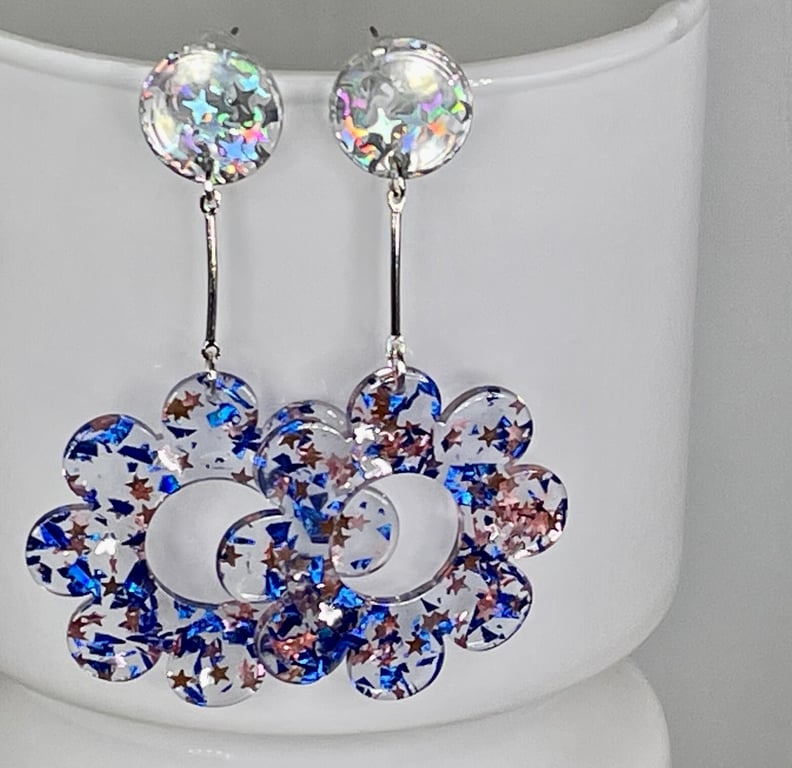 HOLOGRAPHIC DISCO FLOWER EARRINGS resin drop bar navy blue pink silver  