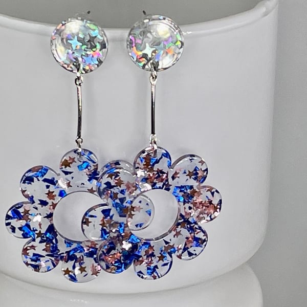 HOLOGRAPHIC DISCO FLOWER EARRINGS resin drop bar navy blue pink silver  