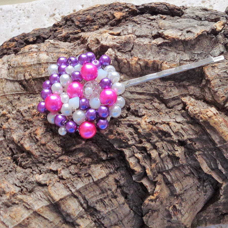Pink & purple glass pearl and crystal hair pin