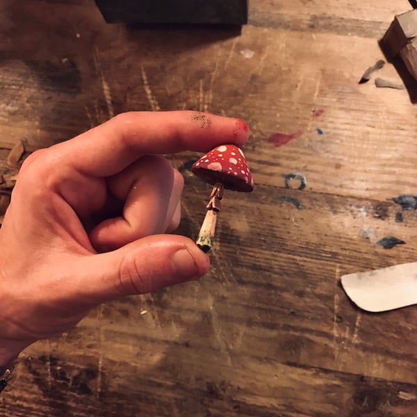 Hand Carved Faerie Mushroom Pendant 