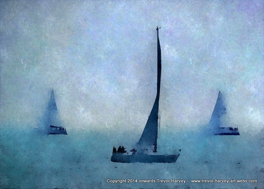 Three Yachts - Fine Art Print - atmospheric, blue, coastal art print