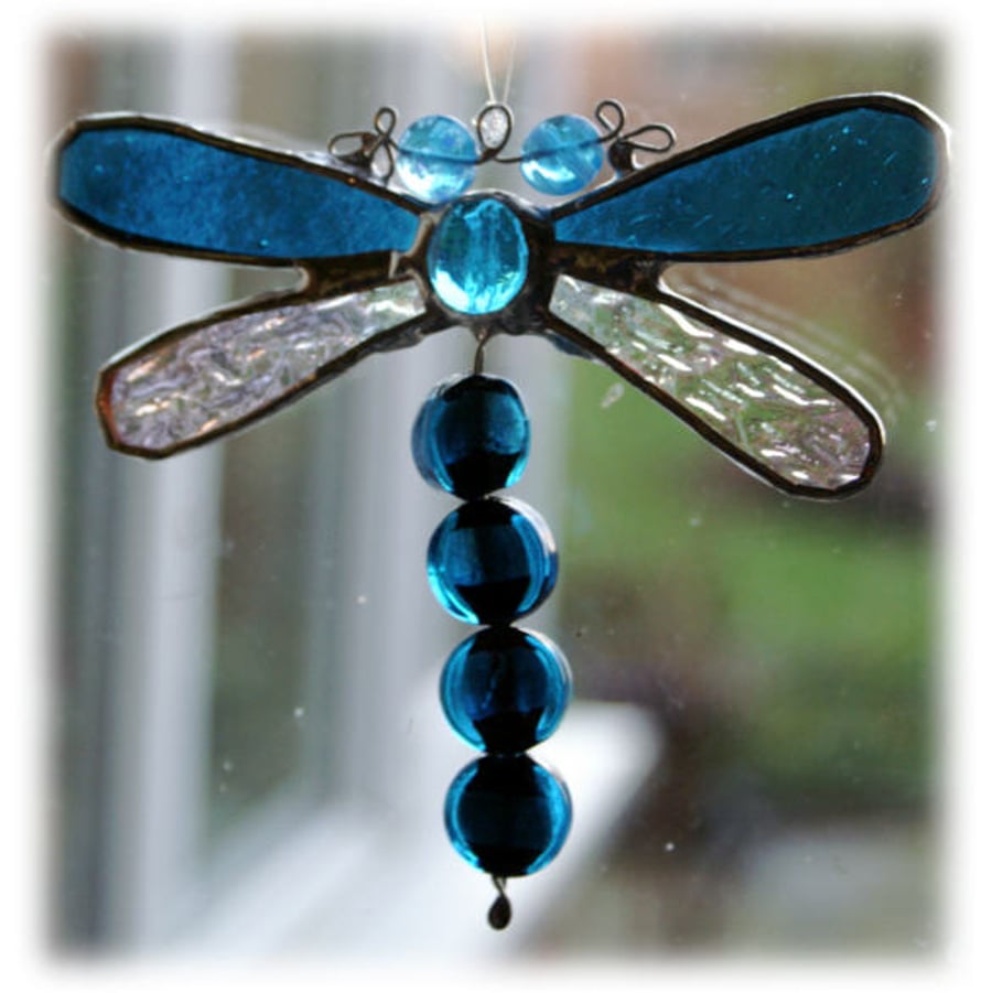 Dragonfly Suncatcher Stained Glass Turquoise Bead-Tailed  