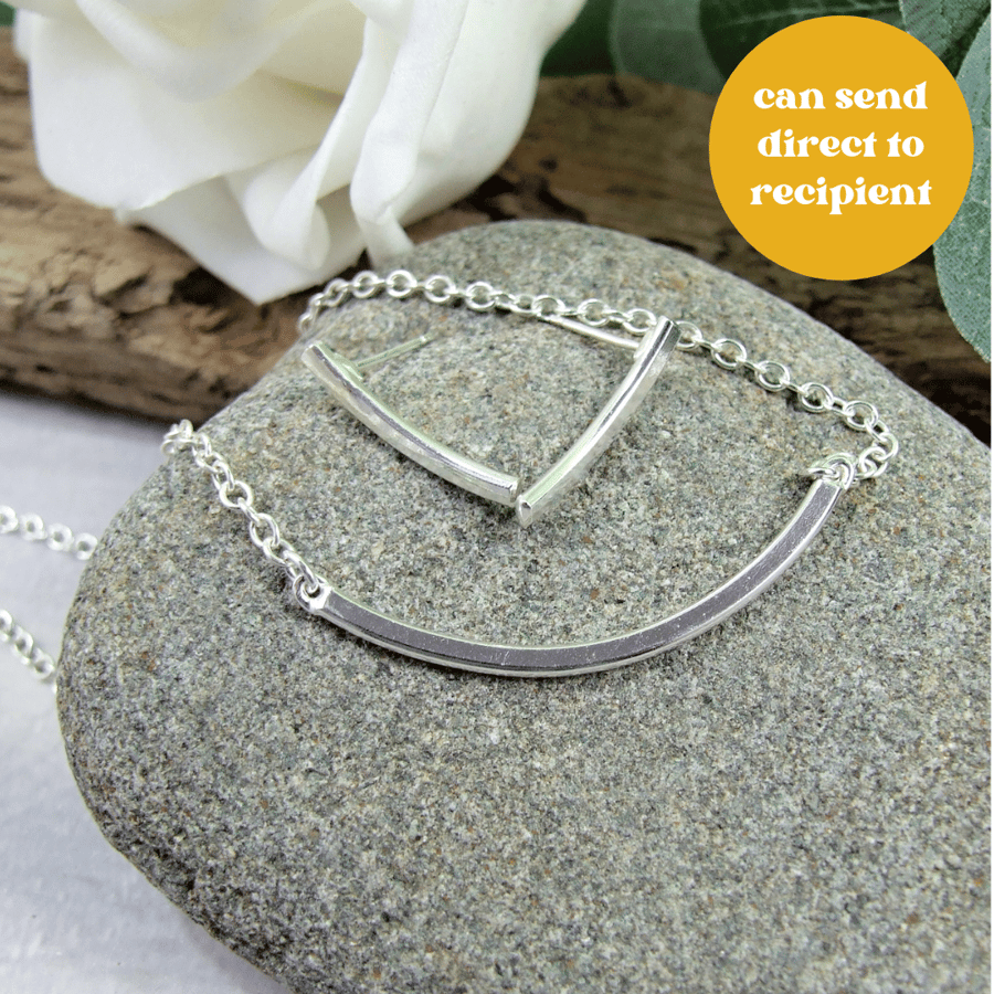 Recyled Silver Curved Bar Pendant and Earring Set