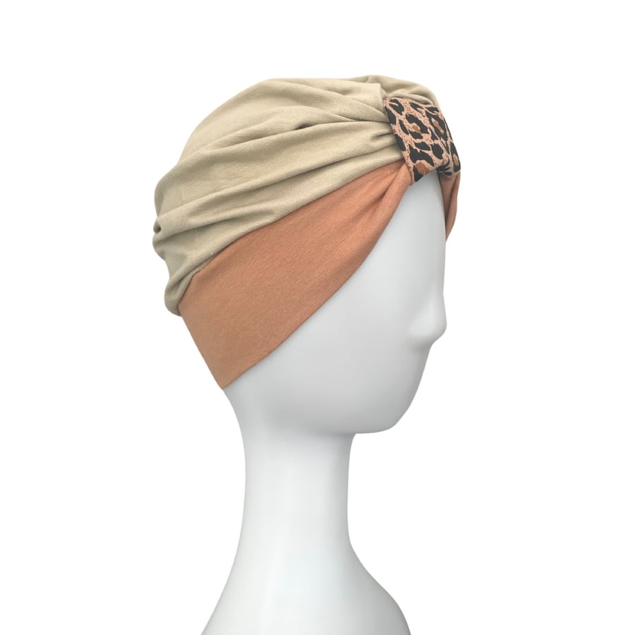 Cute Beige Alopecia Turban Hat with Leopard Front Knot, Summer Turban Head Wrap