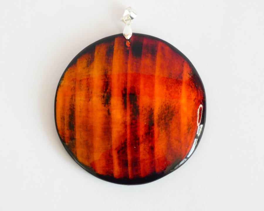 One of a Kind Wood Stained Red, Yellow and Black Wooden Circle Pendant Necklace