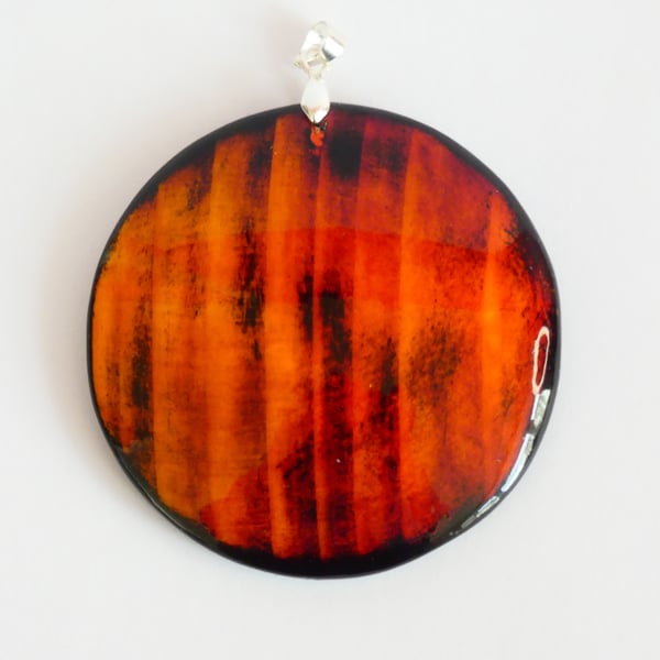 One of a Kind Wood Stained Red, Yellow and Black Wooden Circle Pendant Necklace