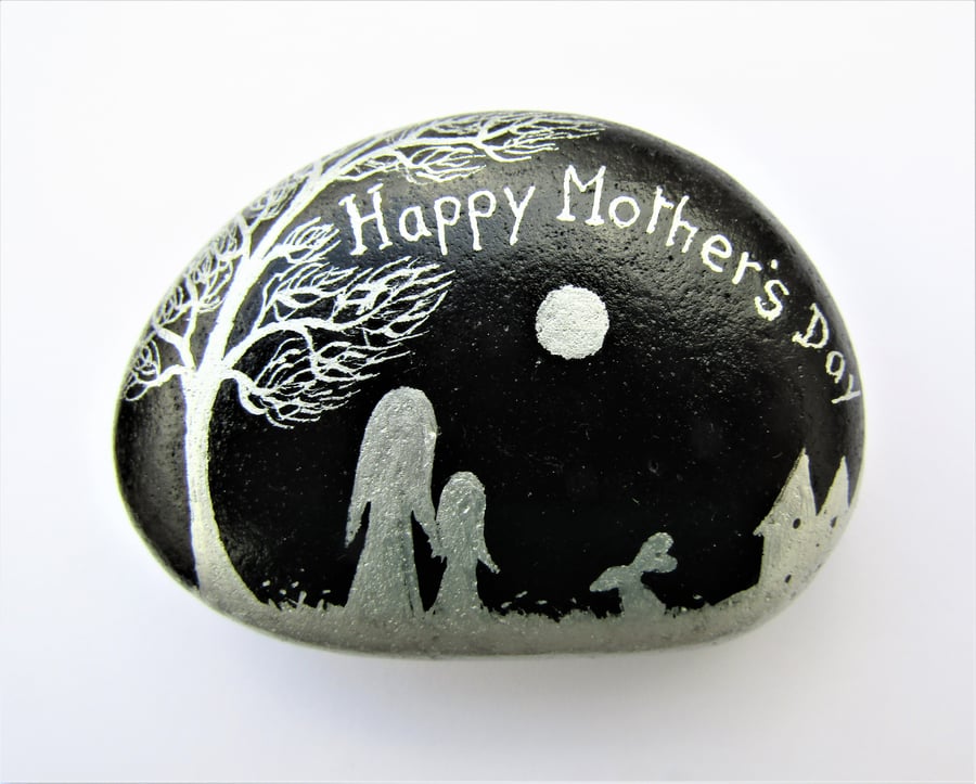 Mothers Day Gift, Hand Painted Rock, Mother Daughter Painting, Stone Art, Rabbit