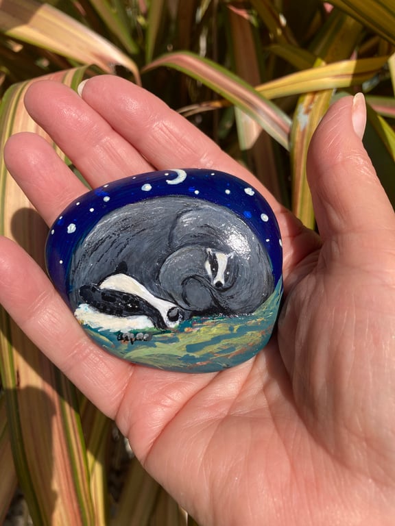 Badger Mother & Cub Hand Painted Stone Rock Art Woodland Animal Gift Ornament