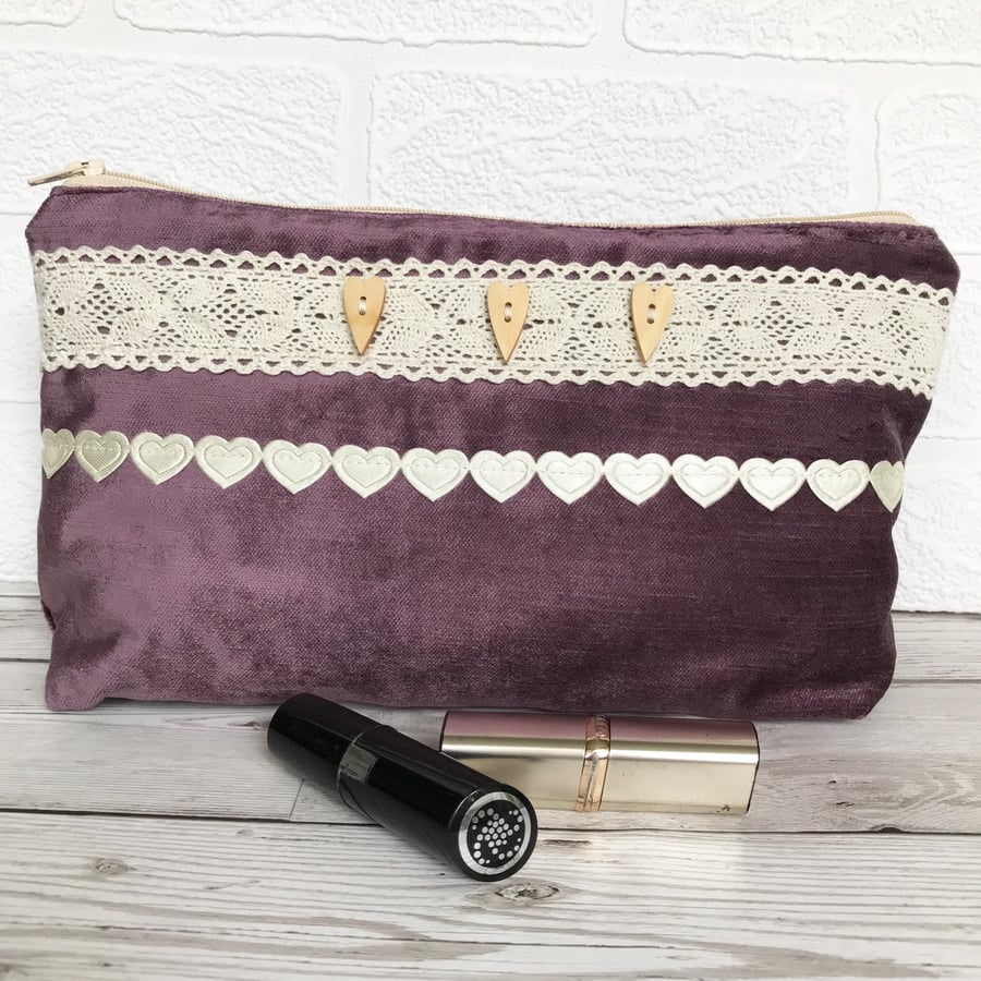 Large purple cosmetic bag, make up bag with buttons and lace and hearts trim