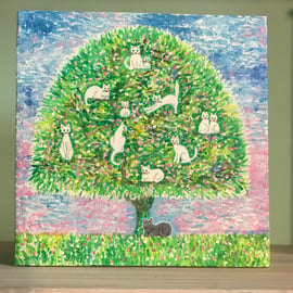 A Tree Full of Cats, Acrylic Painting on 3-D Canvas, 8" x 8"