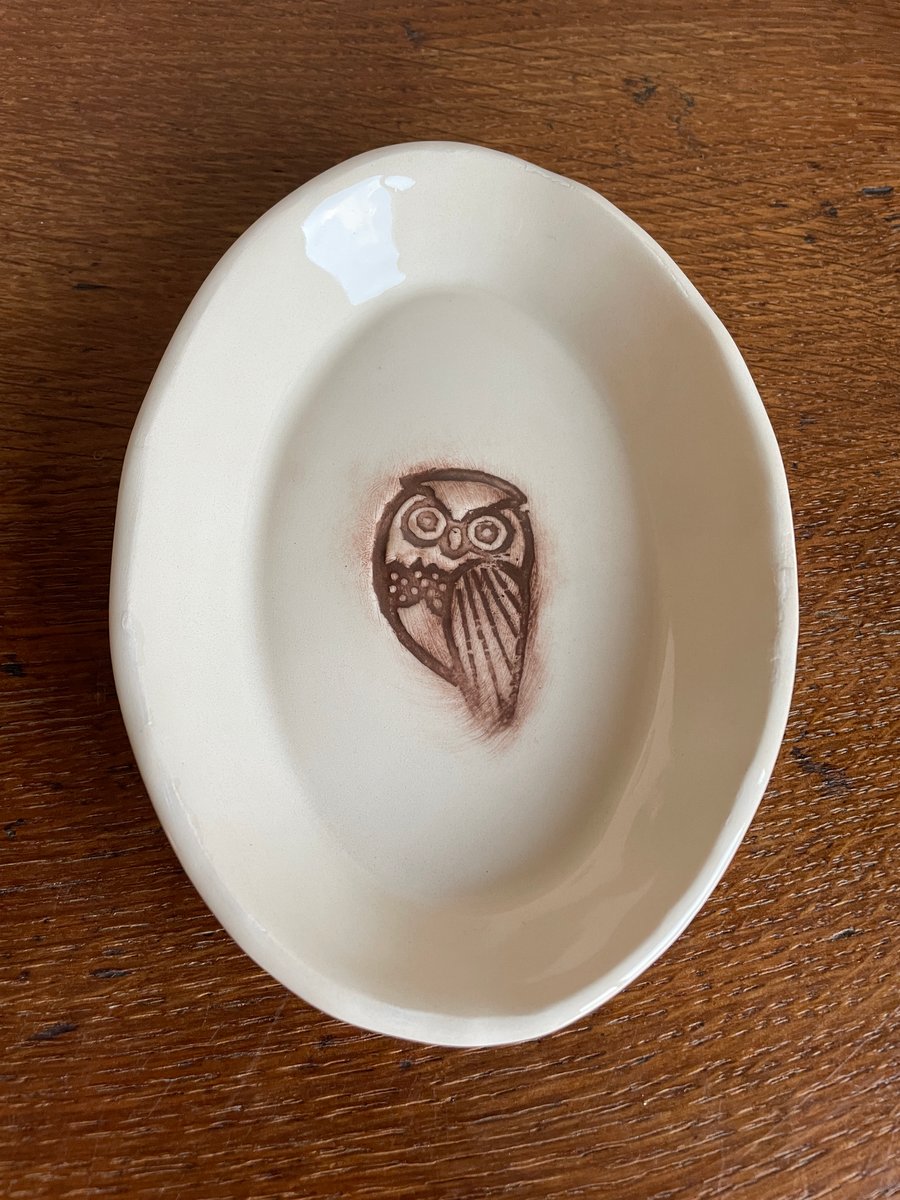 SALE! - Ceramic oval dish with owl design