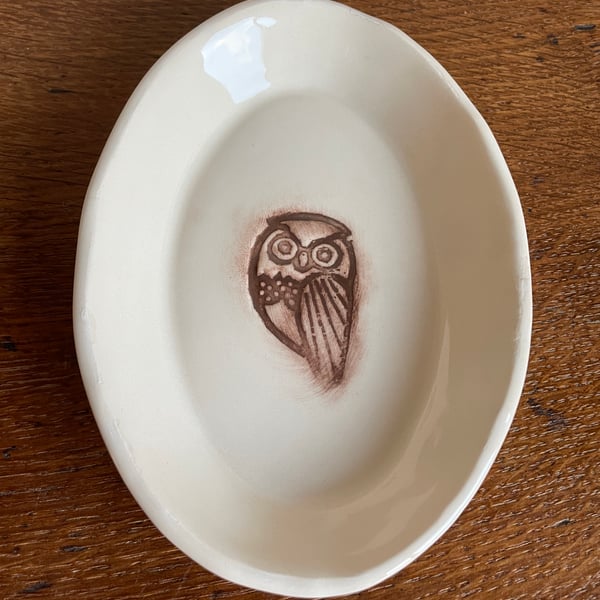 SALE! - Ceramic oval dish with owl design