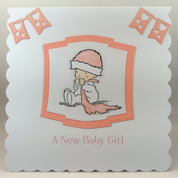 Handmade new baby girl card - baby with blanket