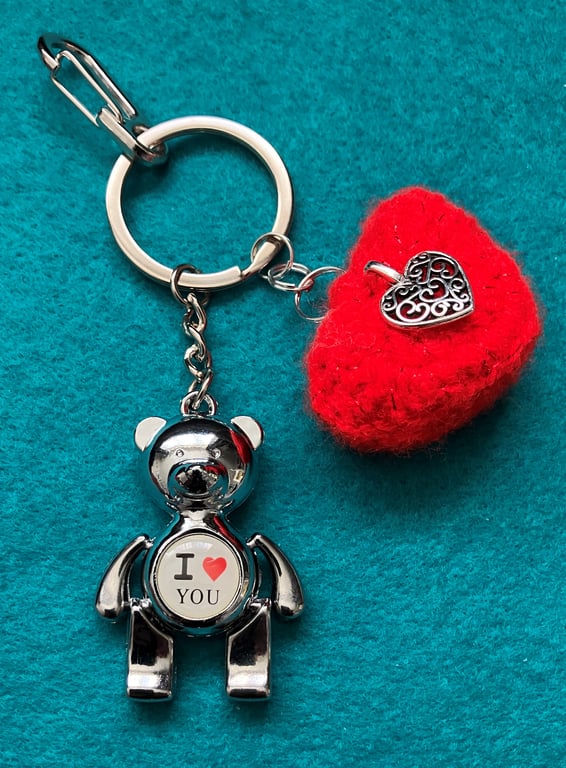 Valentine’s Bear keyring and bag clip with a crochet red heart