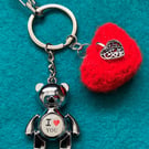 Valentine’s Bear keyring and bag clip with a crochet red heart