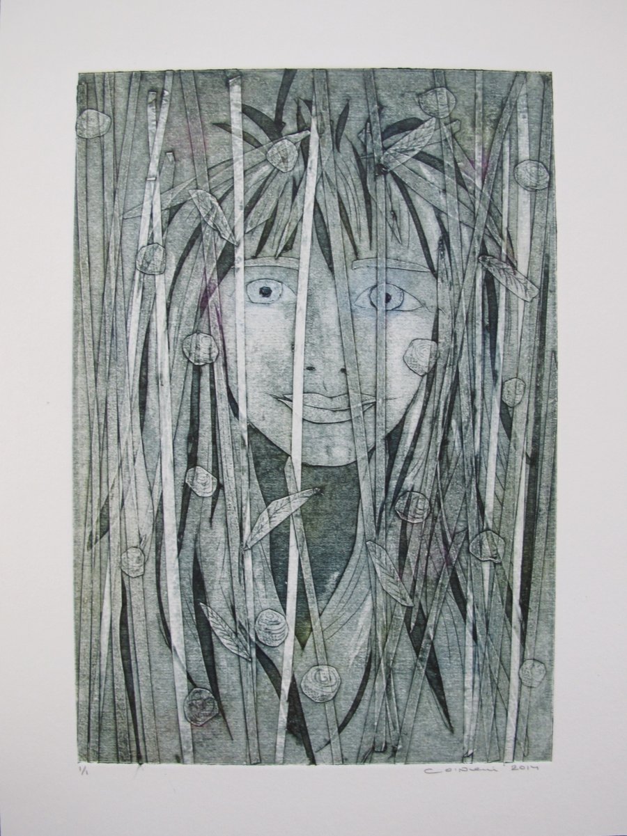 Shimmering Silver Lady  Original Collagraph Print