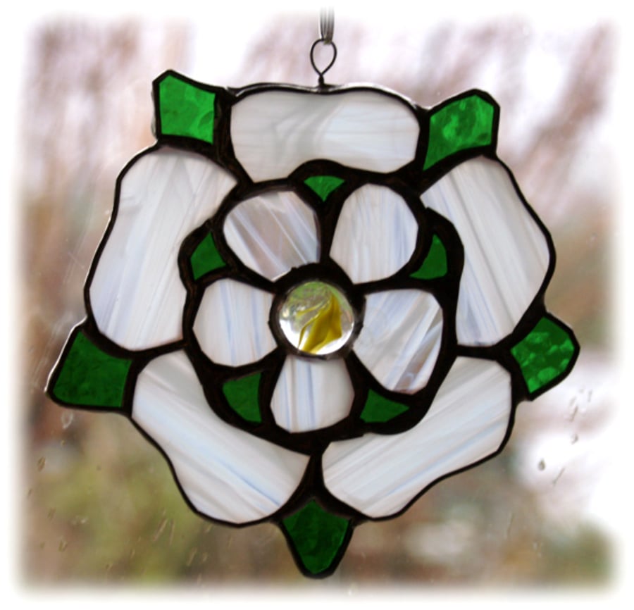 Yorkshire Rose Suncatcher Stained Glass white Handmade 