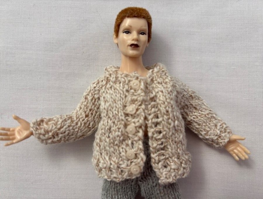 Tiny knitted tweed cardigan in miniature 12th scale for the dolls house