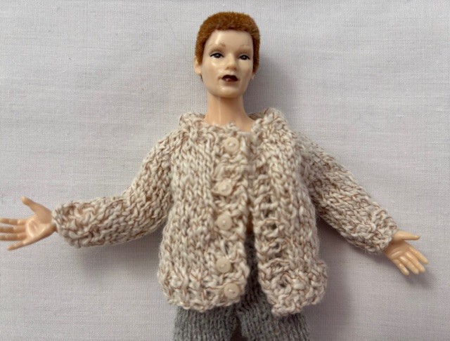 Tiny knitted tweed cardigan in miniature 12th scale for the dolls house