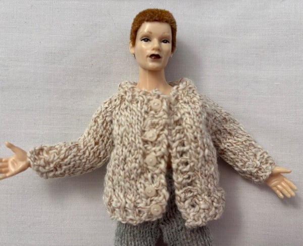 Tiny knitted tweed cardigan in miniature 12th scale for the dolls house