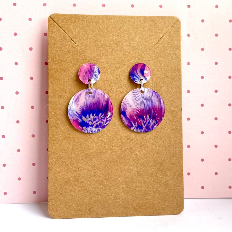 Recycled plastic purple and pink petal circle drop earrings